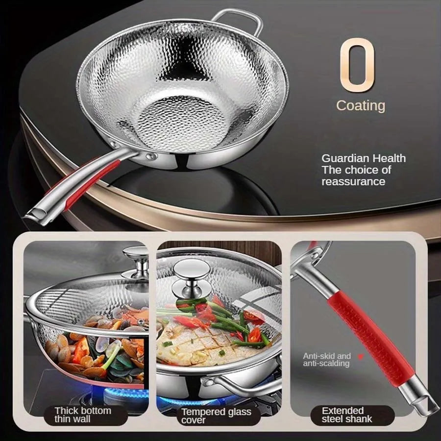 Wok aus reinem Titan mit Rundboden, unbeschichtet, Antihaft-Pfanne, verwendbar auf konvexen Induktionskochfeldern, Haushalts-Wok