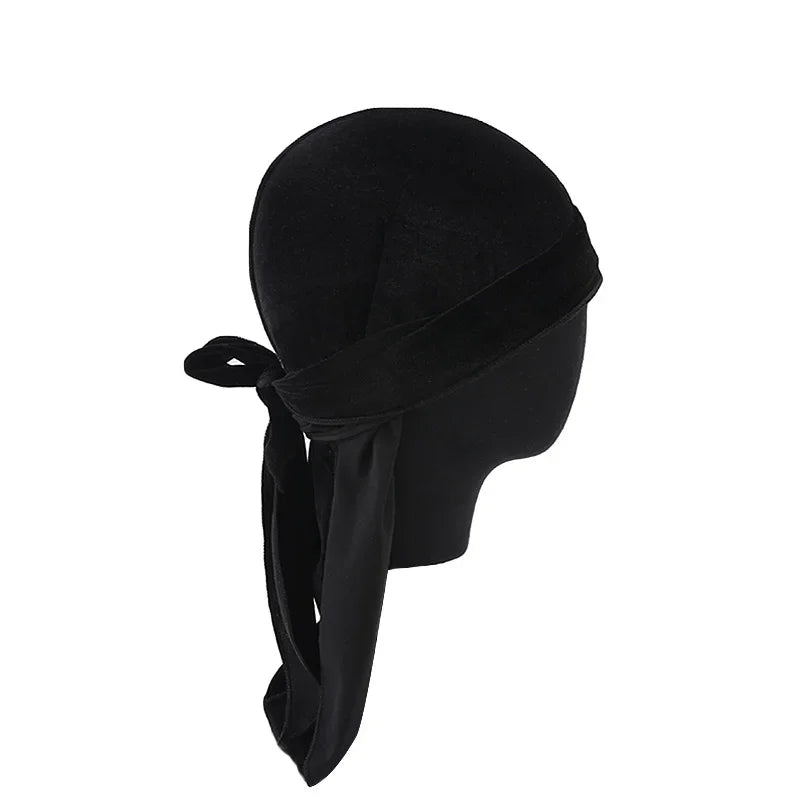 Neue Unisex Samt Durags Bandana Turban Hut Männer Frauen Atmungsaktive Lange Schwanz Piratenhüte Mütze Hip Hop Stirnband