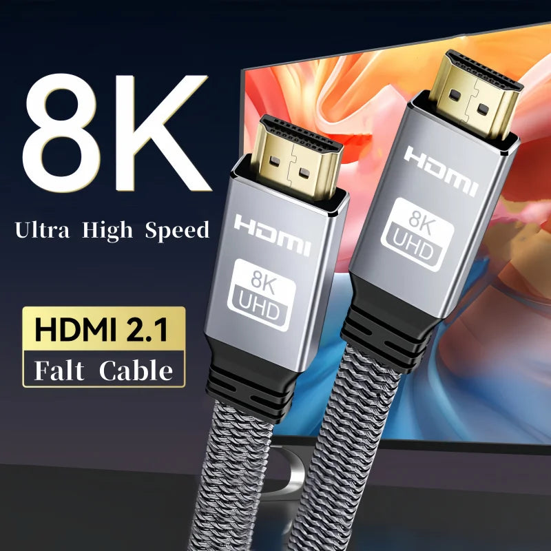 Câble HDMI plat 8K 48 Gbit/s haute vitesse 8K60 4K120 144 Hz Cordon HDMI 2.1 tressé 3D eARC HDCP 2.2 et 2.3 Compatible avec Roku TV/PS5