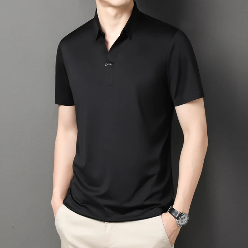 Polo 2024 de haute qualité, extensible et élastique, Chemise à manches courtes pour hommes, style décontracté, Col en V sans coutures, Polo pour hommes M-4XL