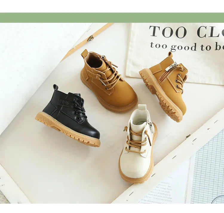2024 New Spring/Autumn Baby Boots Leather British Style Boys Fashion Boots Rubber Sole Zip Side Toddler Girls Ankle Boots 15-25