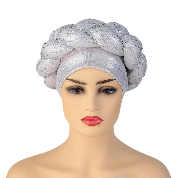 Bandeau africain tressé à diamants faits à la main Turban Femme Voiles de tête Pré-noués Foulard Bonnet Chapeau de mariage nigérian