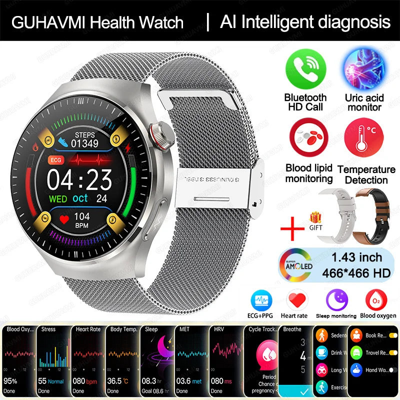 Montre Intelligente de Soins Infirmiers 2025 Montre connectée Santé, oxygène sanguin, lipides sanguins, acide urique, ECG+PPG, température corporelle, appel Bluetooth