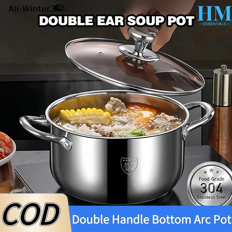 【R】Stainless Casserole Cookware Double Handle Soup Pot With Glass Cover For Induction Cooker Cooking