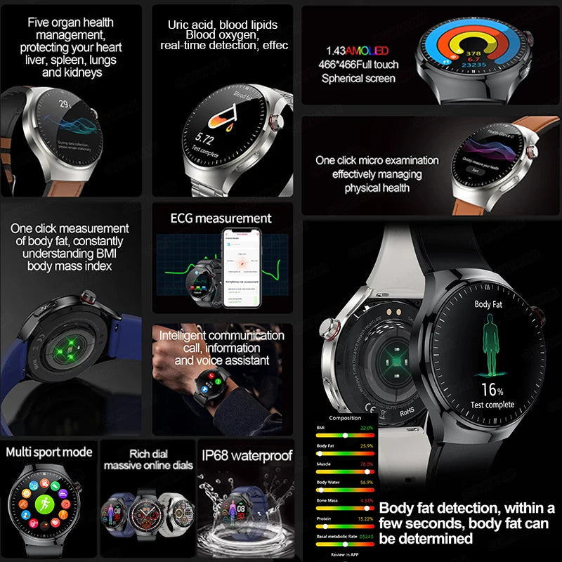 Montre Intelligente de Soins Infirmiers 2025 Montre connectée Santé, oxygène sanguin, lipides sanguins, acide urique, ECG+PPG, température corporelle, appel Bluetooth