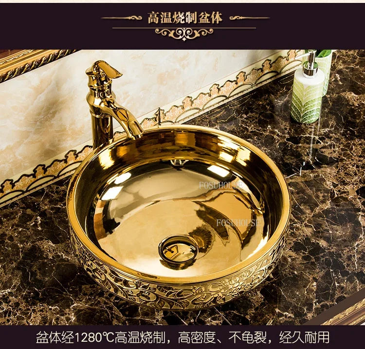 A17 Luxus Gold Badezimmer Waschbecken Haushalt Keramik Waschbecken Kreative Toilette Rund Aufsatzwaschbecken Einfaches Badezimmer Zubehö
