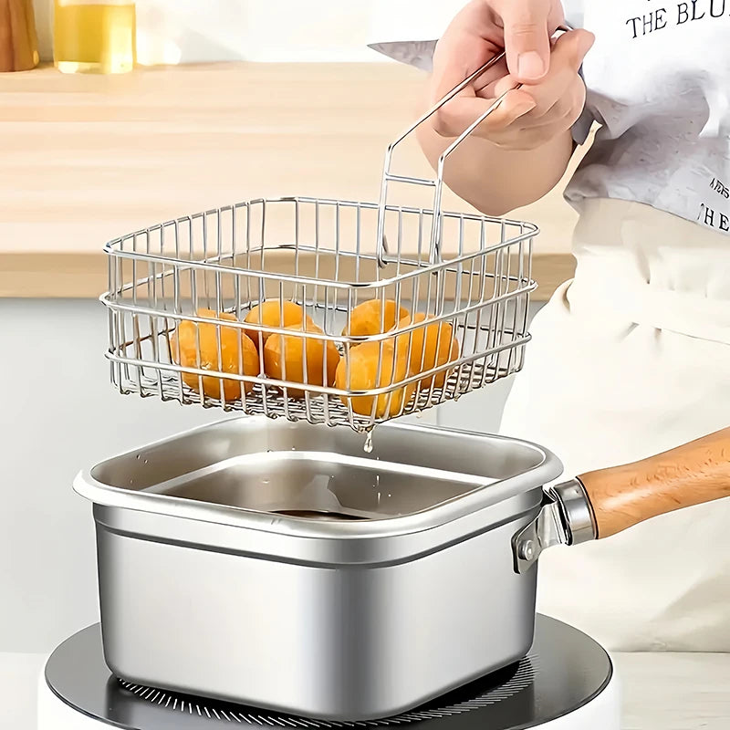 Edelstahlfritteuse für Pommes Frites und Hähnchenflügel, Induktion/Herd-kompatibler Topf, Haushalts-Kleinstölkanne mit Filtersieb