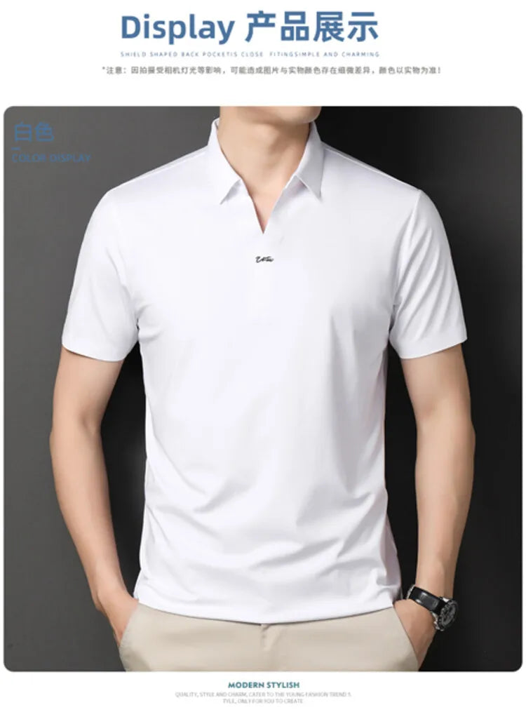 Polo 2024 de haute qualité, extensible et élastique, Chemise à manches courtes pour hommes, style décontracté, Col en V sans coutures, Polo pour hommes M-4XL