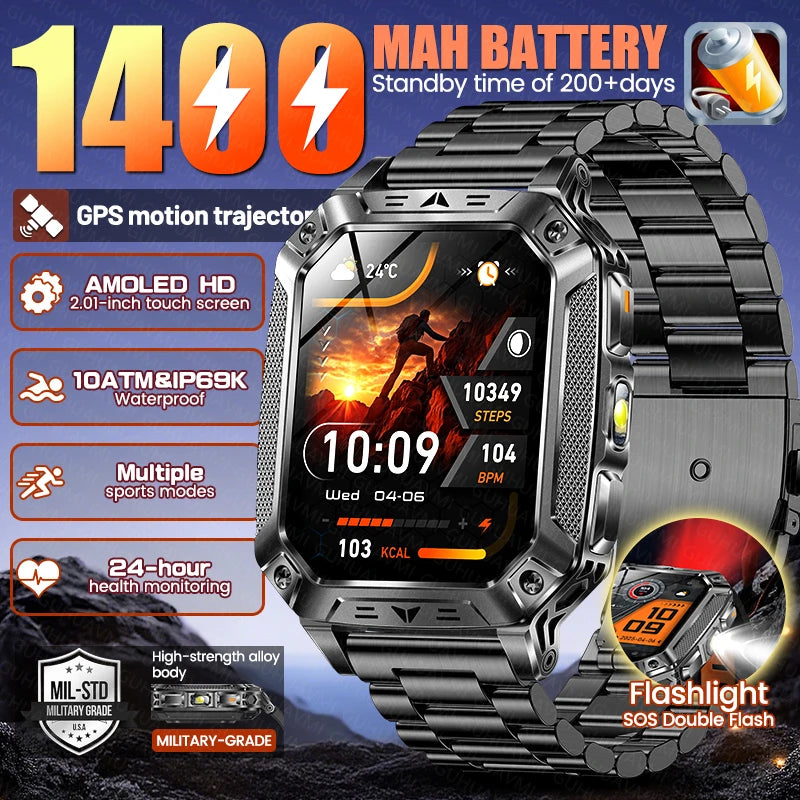 Montre connectée homme 2026 avec batterie ultra-large intégrée de 1400 mAh, GPS extérieur, écran AMOLED de 2,01", étanche 10 ATM, appel BT
