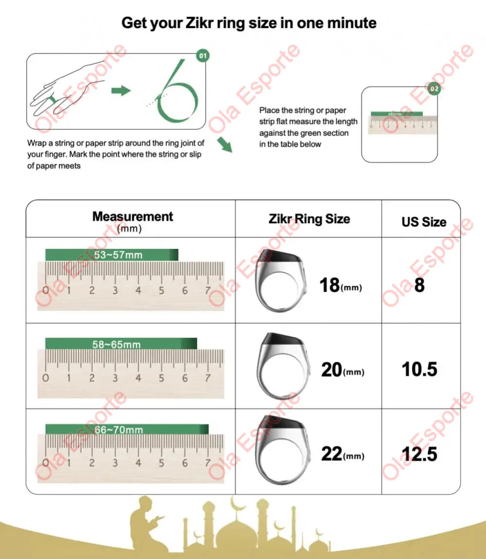 Compteur de doigts intelligent Qibla Tasbih pour musulmans Zikr Ring Digital Tasbeeh Rappel de vibration des 5 heures de prière Étanche Qibla Subhah