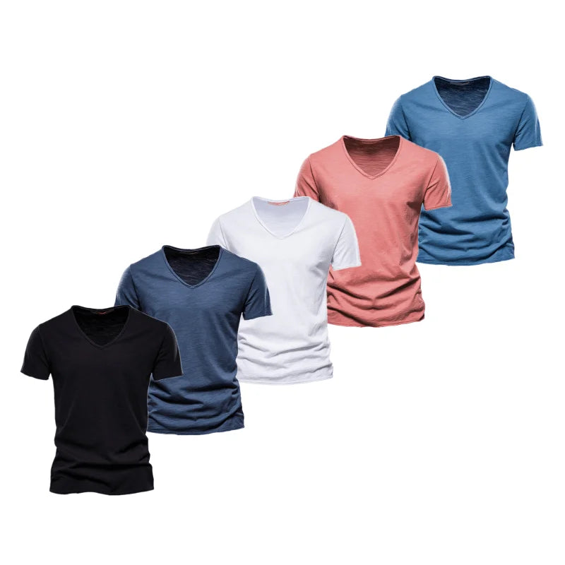AIOPESON 5 PCS SET 100% COTTON V-neck T-shirts Men Casual Slim Fit Solid Color Summer T Shirt for Men Brand New Quality