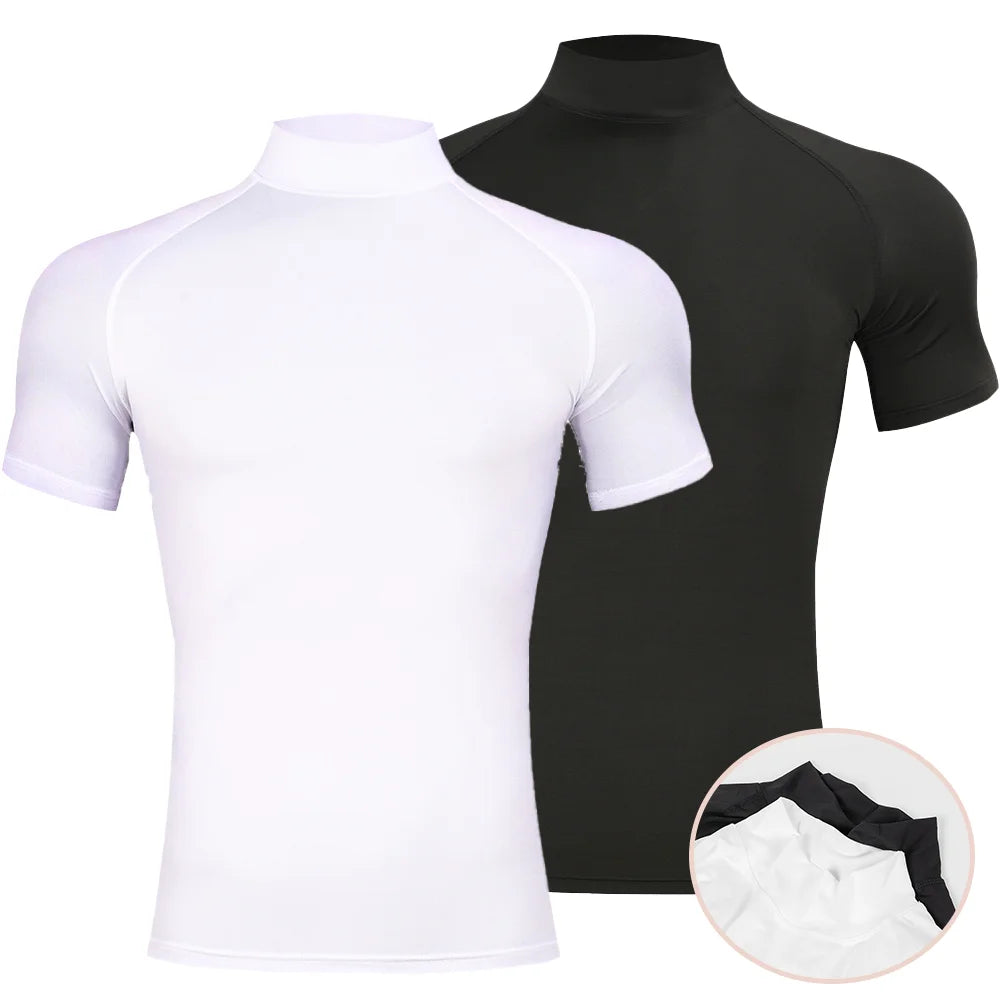 T-shirt de sport moulant pour homme - Musculation - Compression - Col roulé - Manches courtes - Gym - Fitness - Course à pied - Séchage rapide - Haut d'entraînement pour homme