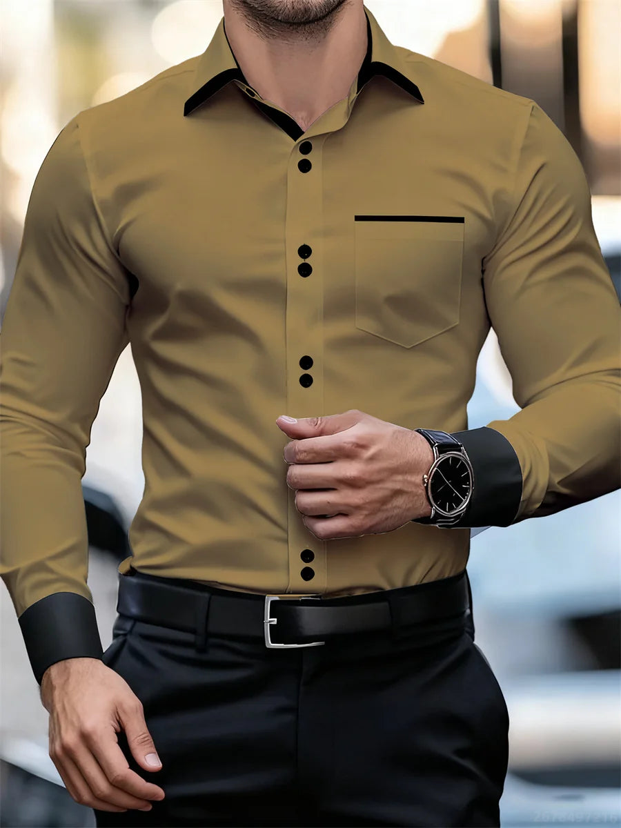 Chemise à manches longues et col color block pour hommes, coupe slim, infroissable, chemise patchwork noire et blanche, haut de mode pour hommes