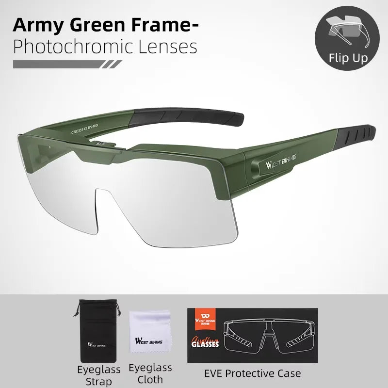 WEST BIKING Lunettes de cyclisme photochromiques Verres relevables Lunettes polarisées à clipser Pare-soleil VTT Vélo de route Lunettes de conduite de nuit