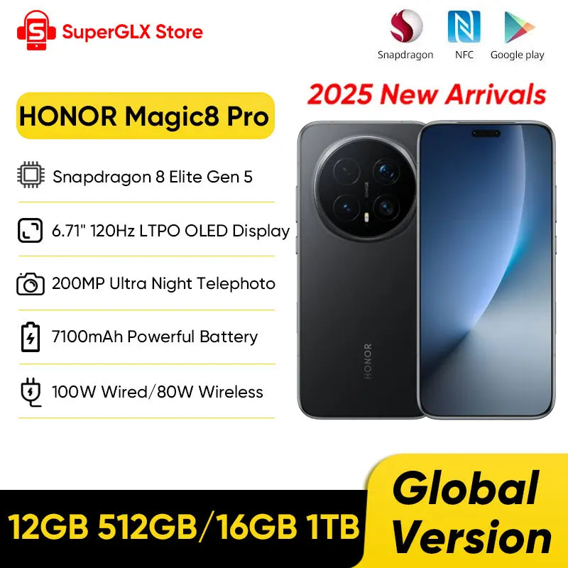 HONOR Magic8 Pro Version Mondiale 5G AI Smartphone Snapdragon 8 Elite Gen 5 Écran OLED 6.71'' 120Hz Appareils Photo 200MP SuperCharge 100W