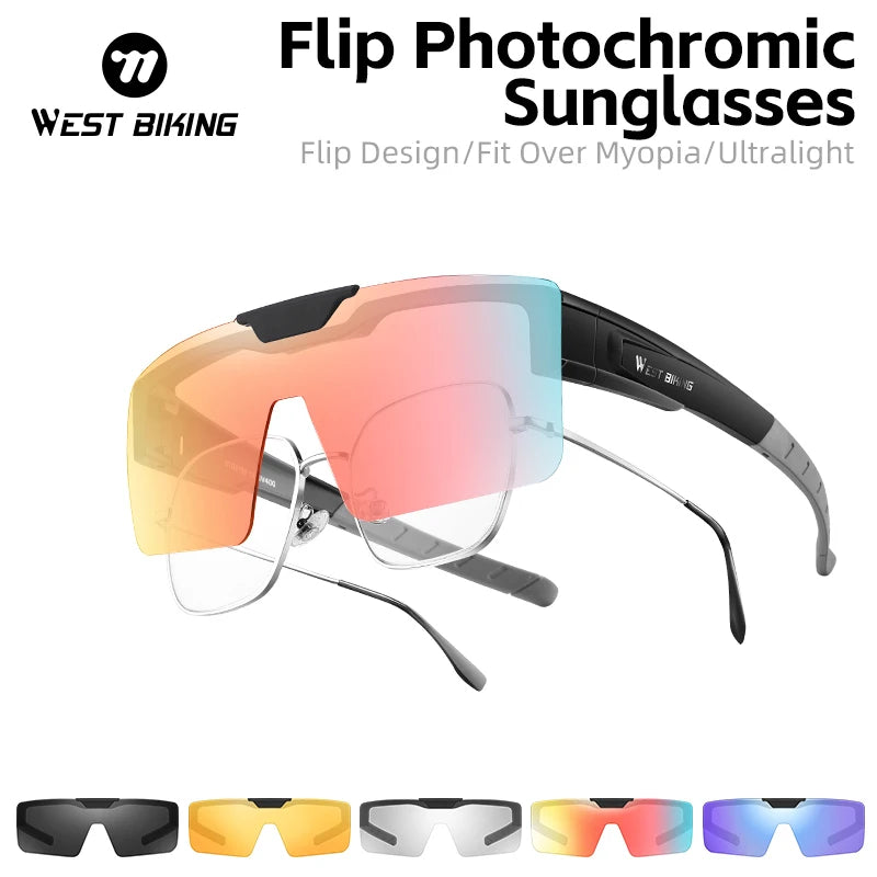WEST BIKING Lunettes de cyclisme photochromiques Verres relevables Lunettes polarisées à clipser Pare-soleil VTT Vélo de route Lunettes de conduite de nuit