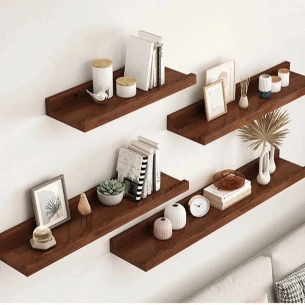 Space Saving Wooden Floating Shelf Minimalist Style Rustic Wall Mounted Storage Rack Decorative Bookshelf Organizer