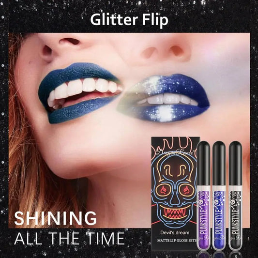 Lip Gloss in a Box of Three, Pearlescent Lipstick in a Non-Stick Cup, Shiny Purple and Black Lip Gloss Set