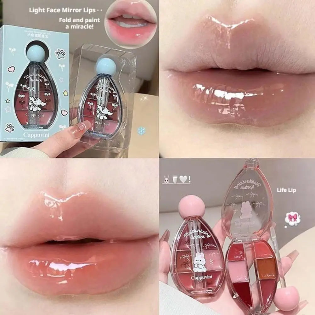Sechs-Farben-Erdbeer-Spiegel-Gelee-Lippenstift-Palette Juicy Pink Solide Lipgloss-Set Feuchtigkeitsspendendes Lippenöl mit Silikonbürste