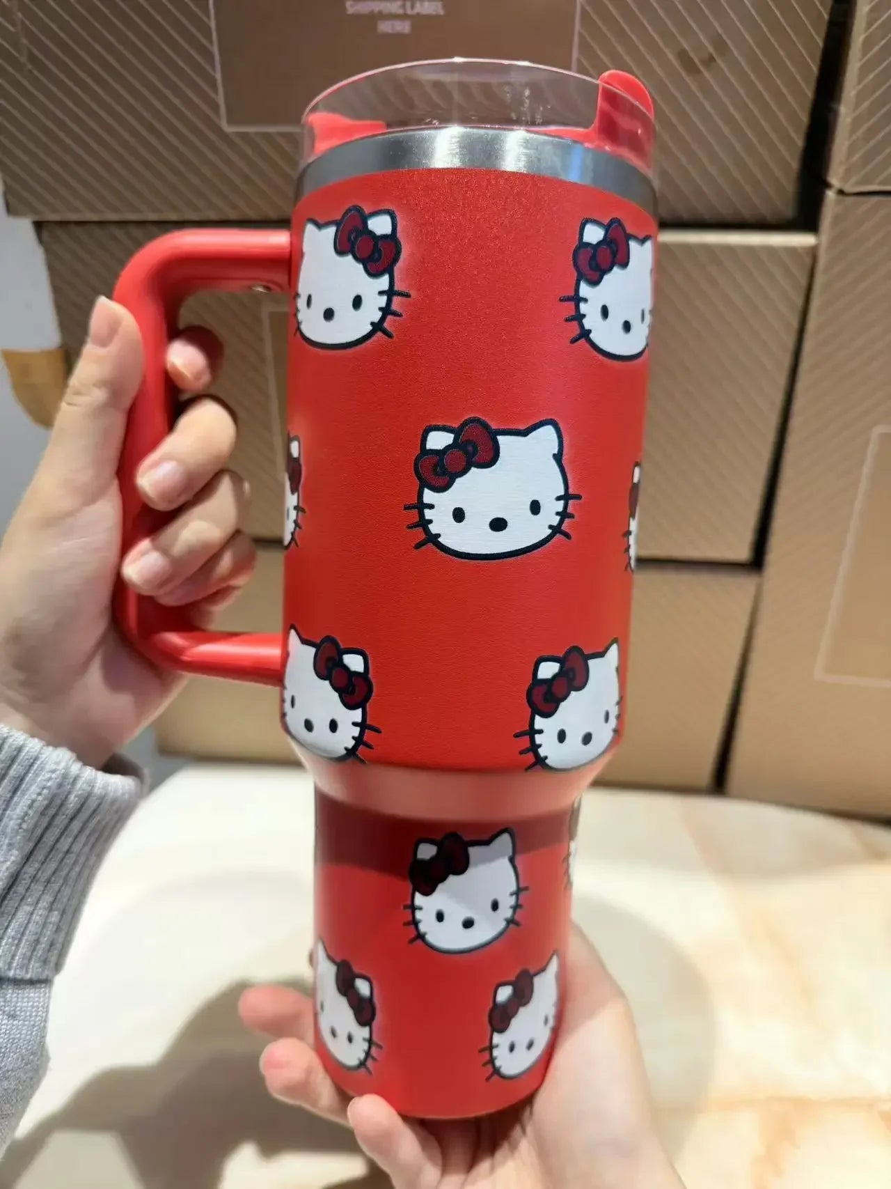 Kawaii Hello Kitty 40oz Edelstahl-Vakuumbecher Anime mit Griff Strohhalmbecher Kaffeetasse mit Verpackungskarton Schnelle Lieferung