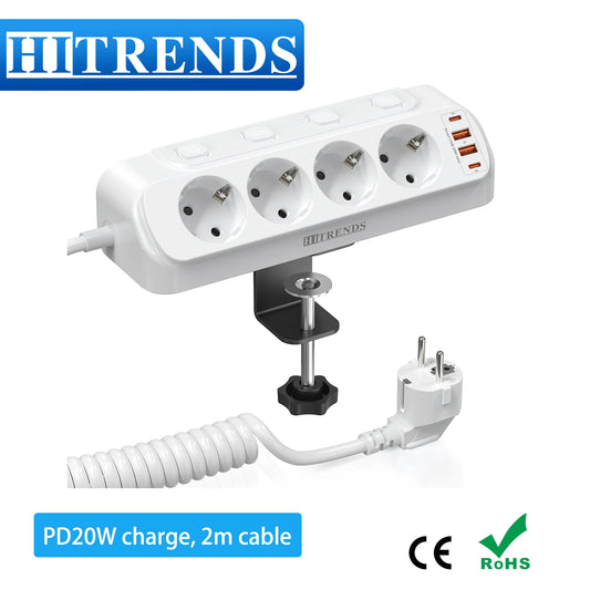 EU Stecker Tischsteckdosenleiste USB-Steckdose mit 2 USB 2 Typ-C Ladeanschlüssen 2m Verlängerungskabel 4 AC-Steckdosen 4 Schalter für Zuhause Büro