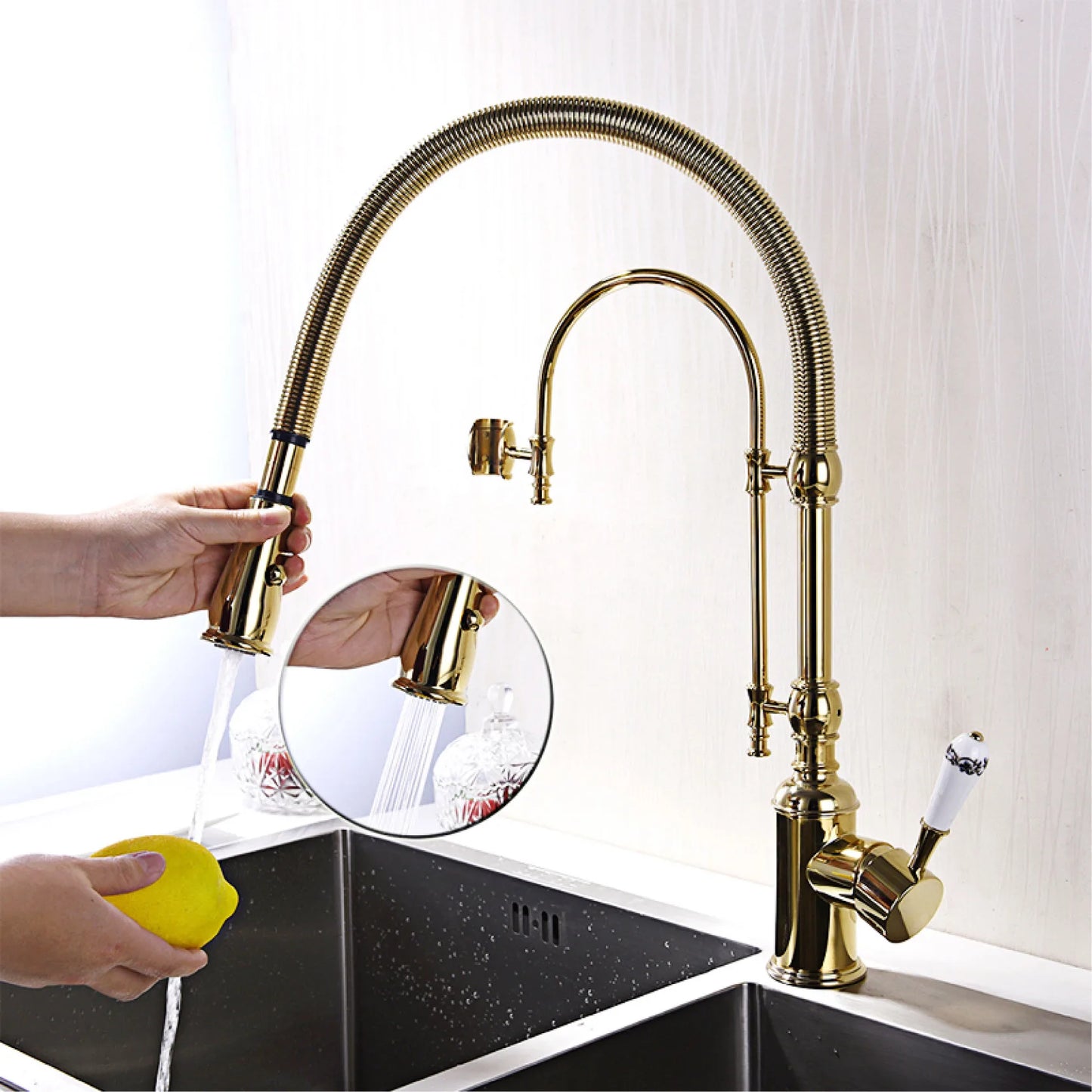 Mitigeur de cuisine AITANA de luxe en laiton doré, design rétro, monocommande double contrôle chaud et froid, 2 fonctions