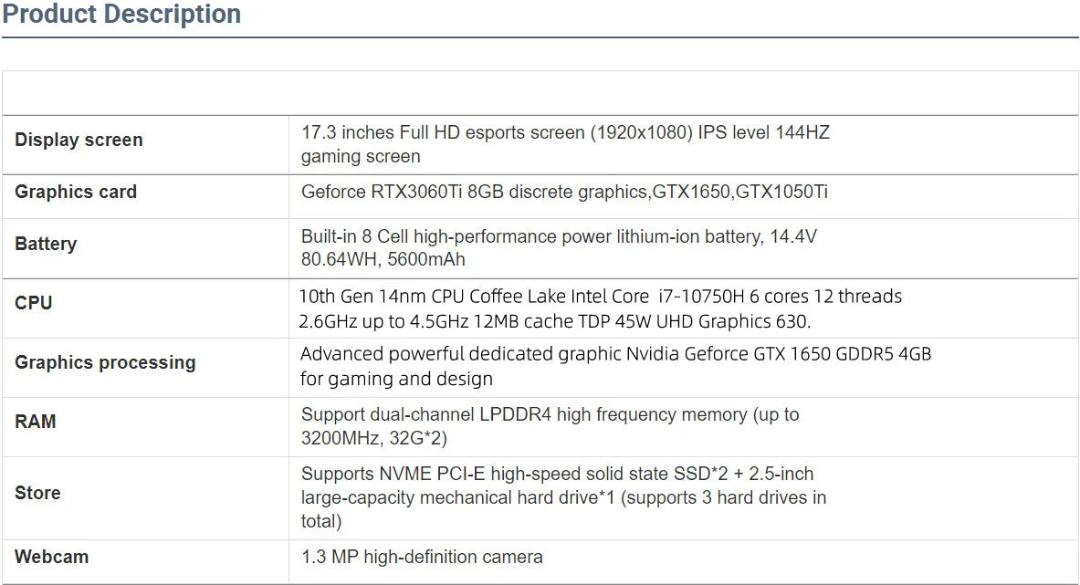 Ordinateur portable de jeu FHD IPS de 17,3 pouces Intel i7-10750H Max GTX1650 Windows 10 PRO 32 Go 1 To SSD Notebook Gamer PC