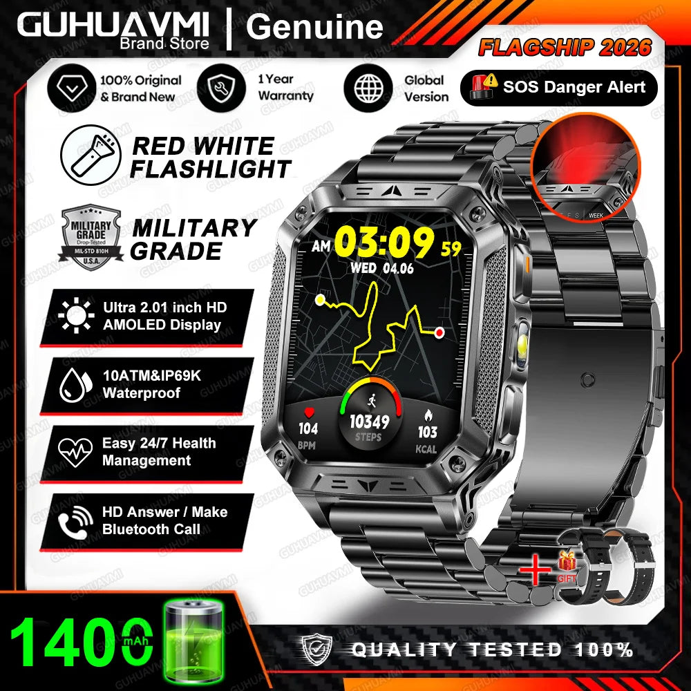 Montre connectée homme 2026 avec batterie ultra-large intégrée de 1400 mAh, GPS extérieur, écran AMOLED de 2,01", étanche 10 ATM, appel BT