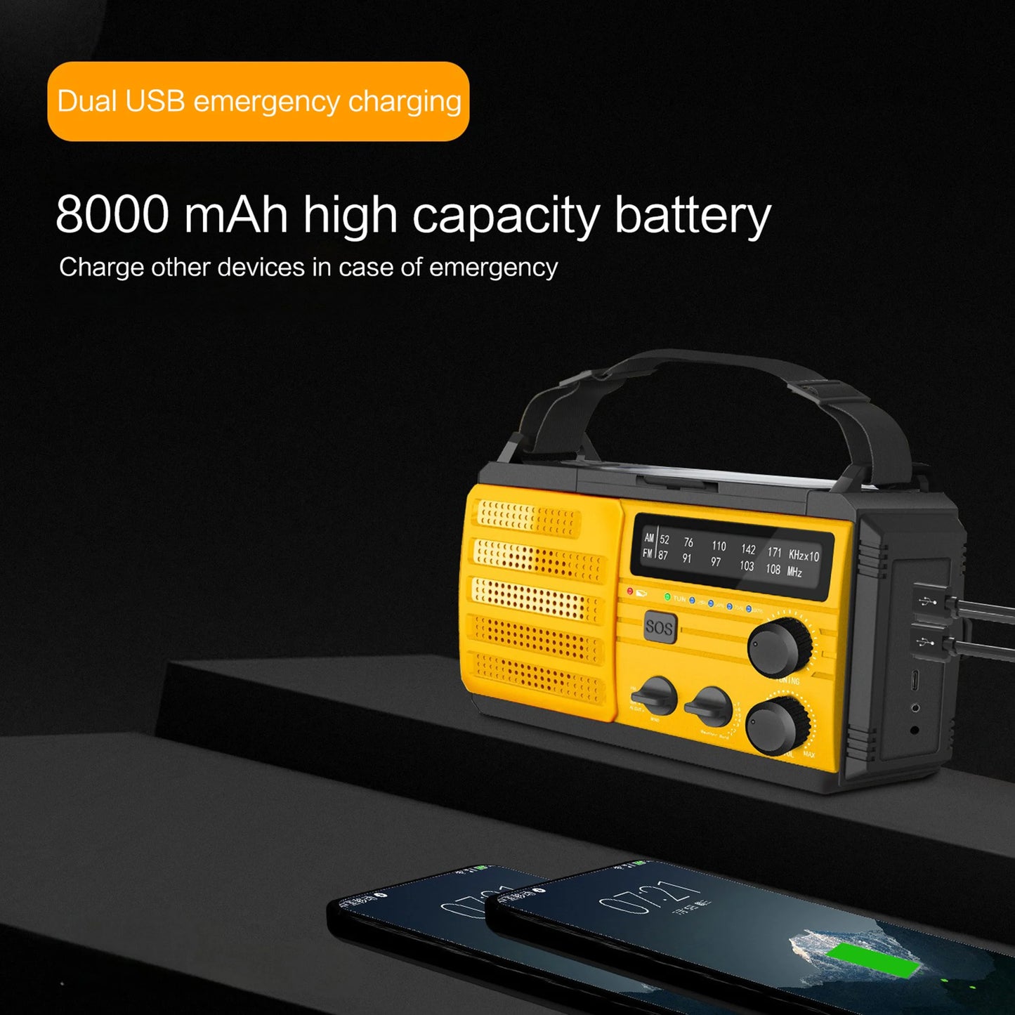 Wetterradio Notfall Multifunktionales Radio FM AM WB Handkurbel Solar USB-Ladefunktion 2000mAh Powerbank LED Taschenlampe