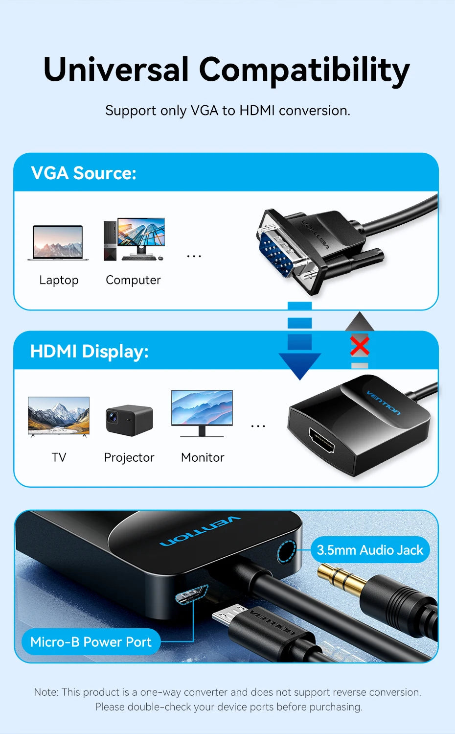 Vention Adaptateur VGA vers HDMI 1080P Convertisseur Mâle VGA vers Femelle HDMI avec Câble Audio et Alimentation USB pour PS4/3 HDTV Convertisseur VGA HDMI