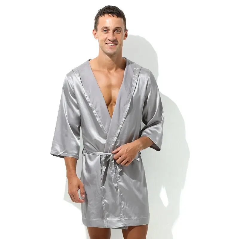 Sexy Nachtwäsche Herren Bademäntel Weich Seidig Kurzarm-Nachthemd Herren Hauskleidung Morgenmantel Herren Schlafanzug (Ohne Shorts)
