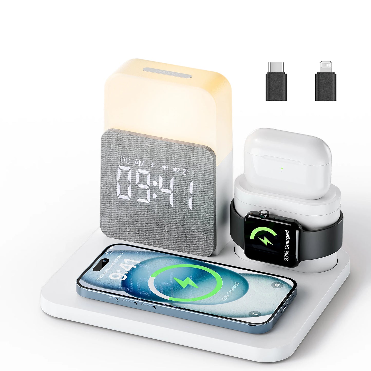 Station de Recharge sans Fil et Réveil MagSafe 7-en-1 pour iPhone 12-16/Samsung/Xiaomi/Huawei/Apple Watch/AirPods avec Veilleuse
