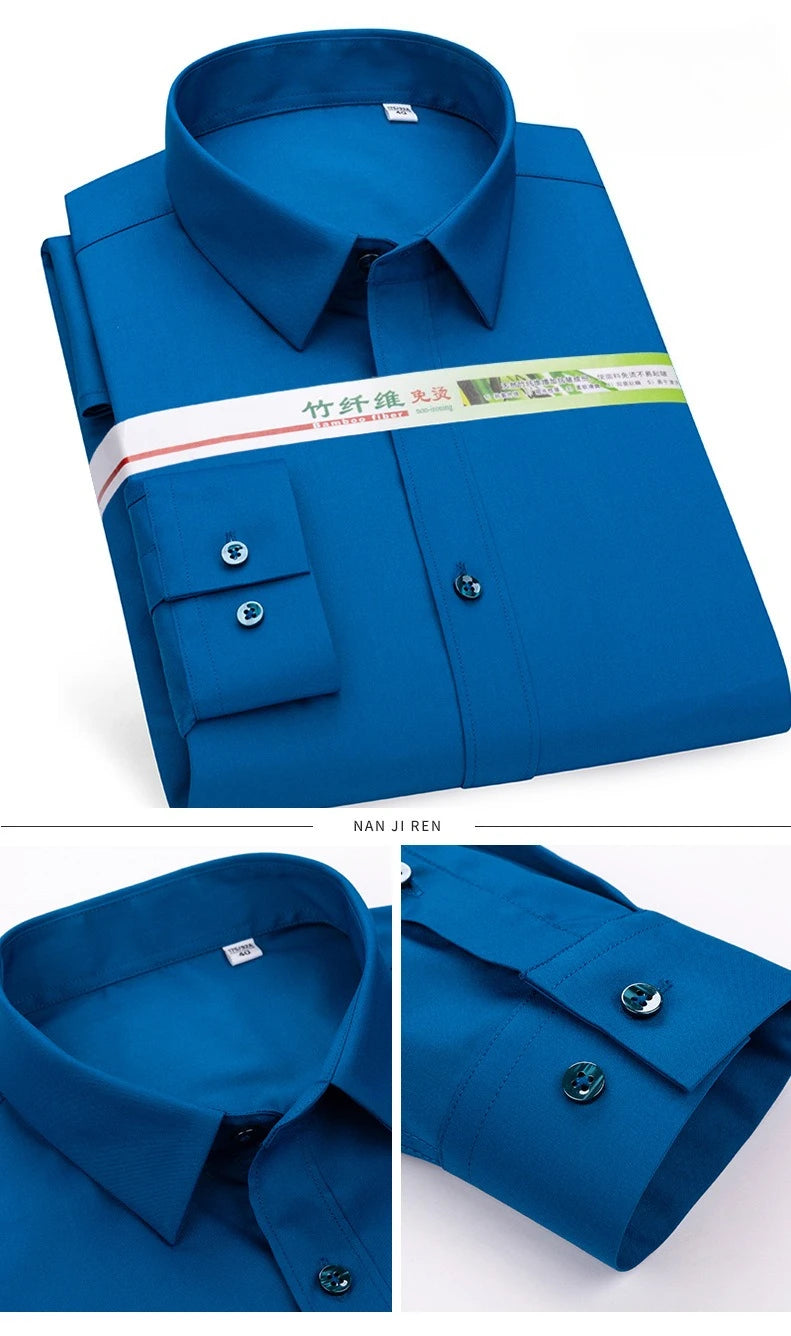 Chemise de Travail Blanche Homme en Fibre de Bambou Bleue 8XL Manches Longues Bureau Affaires Anti-rides Infroissable Décontractée
