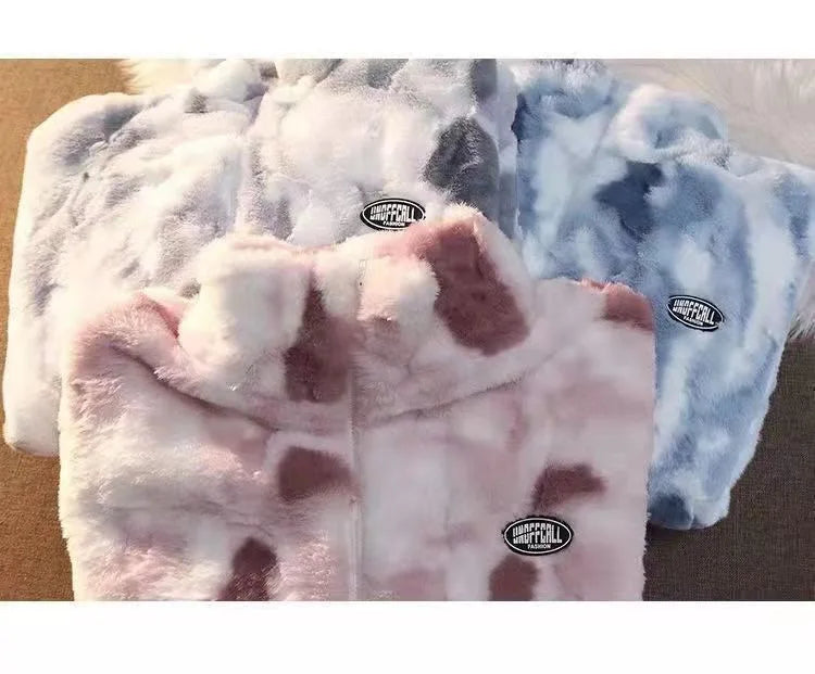 Neue Damen Batik Lammfelljacke Herbst Winter Reißverschluss Oberbekleidung Warme Plüschjacken Harajuku Lässige Lose Weibliche Dicke Jacke