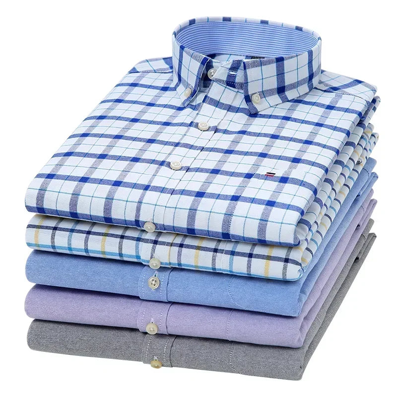 100-220 catties Plus Size Men's Shirt 100% Cotton Long Sleeve Business Casual All Oxford Spinning Plus Size Plaid Shirt