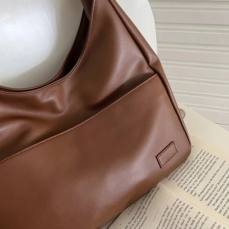 Women Hobo Bag Simple PU Leather Solid Shoulder Bag 2023 Fashion Large Capacity Handbag For School Work