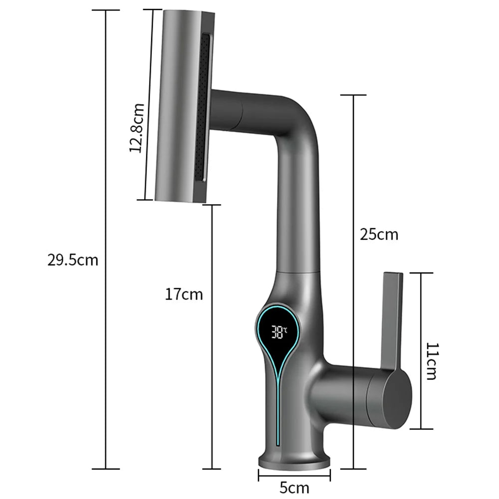 Robinet de lavabo numérique avec affichage de la température Cascade, pulvérisateur à jet relevable haut et bas, mélangeur chaud/froid pour salle de bain