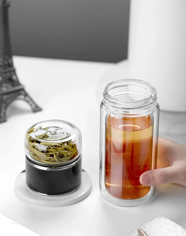 Bouteille d'eau à thé 420 ml en verre borosilicate double paroi avec infuseur pour thé, tasse à thé, gobelet, boisson avec filtre à thé