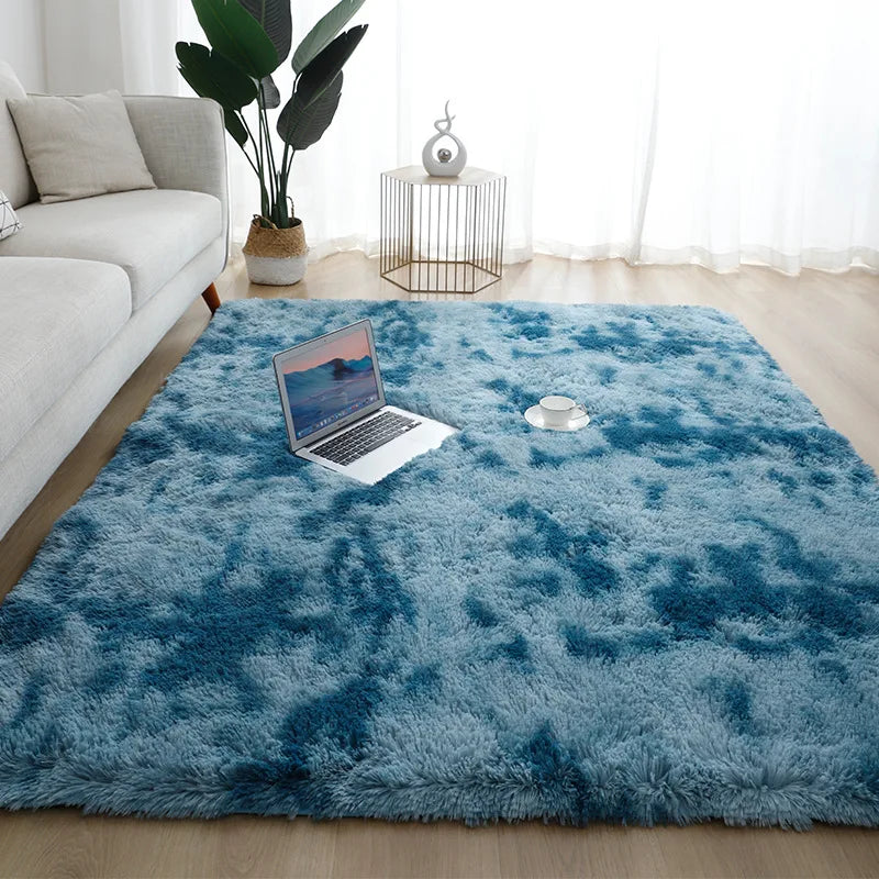 VIKAMA Simple Modern Silk Hair Tie-Dye Carpet Plush Soft Living Room Bedroom Bed Blanket Children's Room Non-Slip Floor Mat