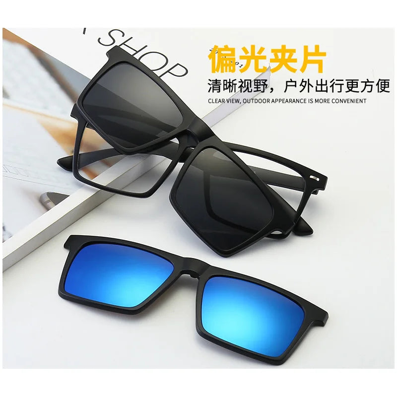 6 In 1 Polarized Sunglasses Men Women Magnetic Clip On Glasses TR90 Optical Prescription Eyeglass Frames Magnet Clips