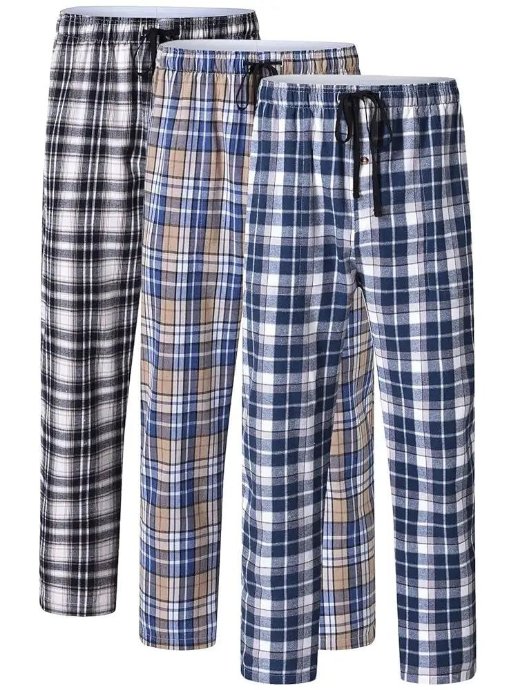 Pyjama Homme 3 Pièces Coton Carreaux, Pantalon de Pyjama Long Carreaux avec Taille Élastique pour Homme