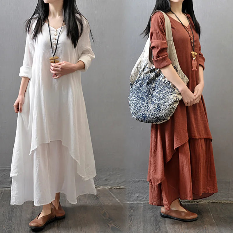 Damen Elegante Leinen-Ingwerkleider Böhmen Layering Vintage Robe Langarm Lockeres langes Kleid Weibliche Herbst Vestidos