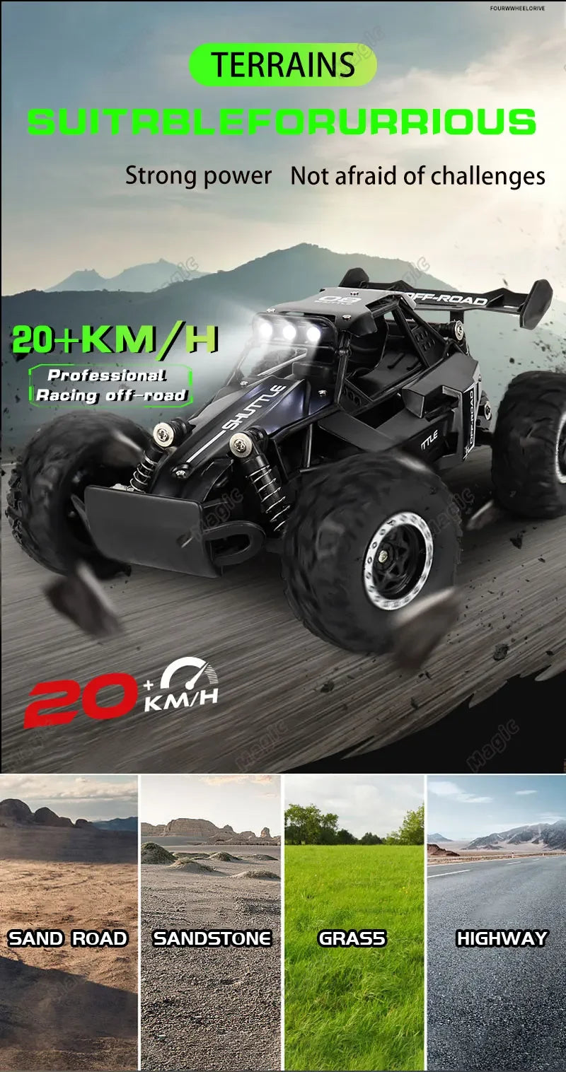 DK087 Voiture RC Tout-terrain 20KM/H 2WD Télécommandée 1:16 Coque Métal Phares LED Voiture Jouet RC pour Cadeaux