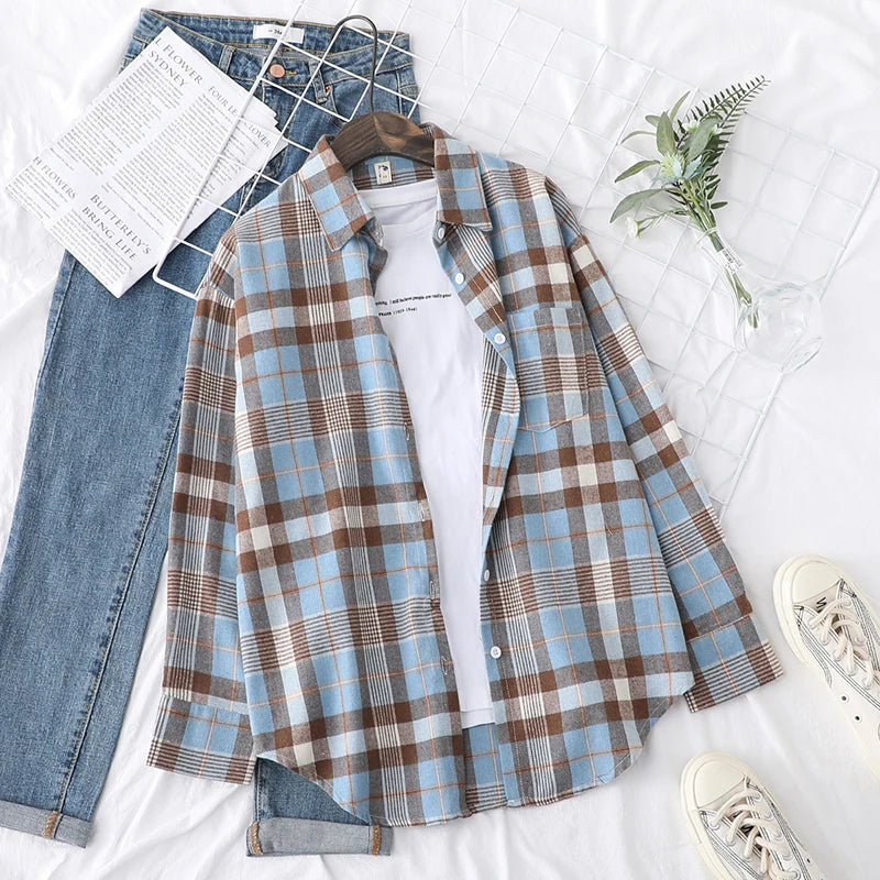 Women's Plaid Shirt 2025 New Ladies Loose Casual Blouse and Tops Fresh College Style Female Long Sleeve Shirts Women Clothes