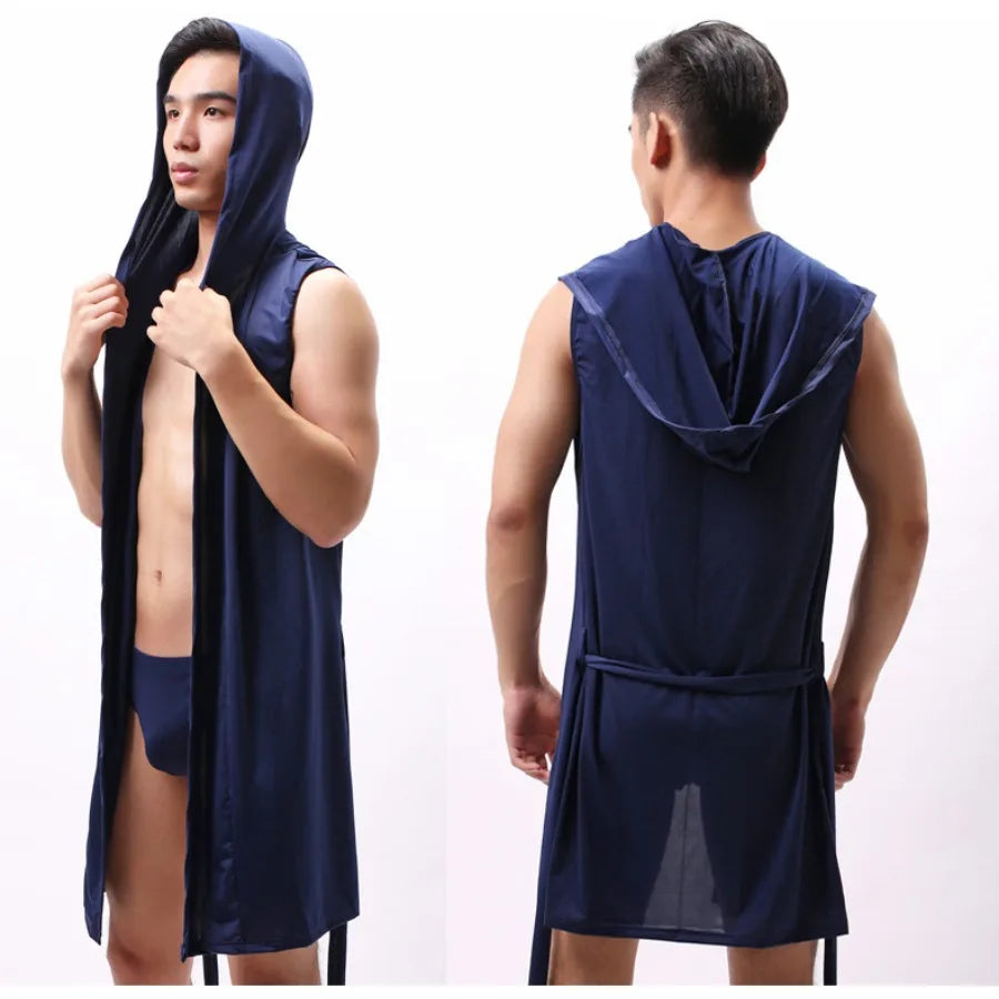 Sexy Nachtwäsche Herren Bademäntel Weich Seidig Ärmelloses Nachthemd Herren Homewear Morgenmantel Herren Pyjamas (Keine Shorts)