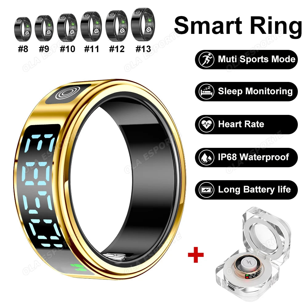 New LED Display Screen Smart Ring 5ATM Waterproof Heart Rate Sleep Multi Function Fitness Sports Rings Pedometer Men's women's