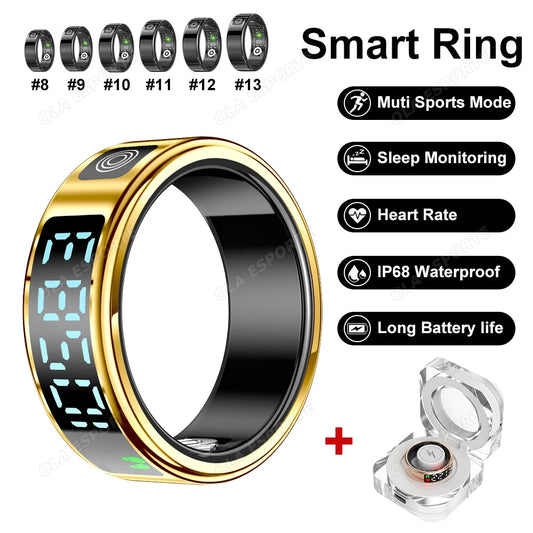 New LED Display Screen Smart Ring 5ATM Waterproof Heart Rate Sleep Multi Function Fitness Sports Rings Pedometer Men's women's