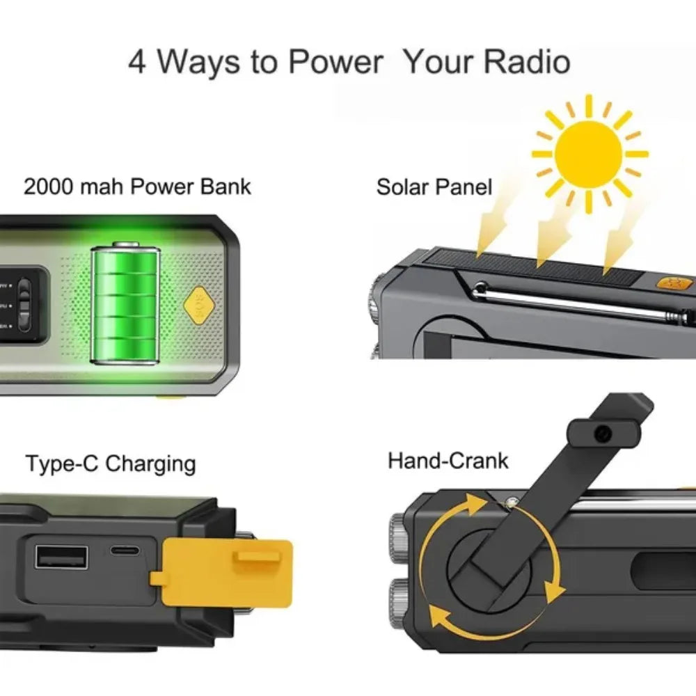 Wetterradio Notfall Multifunktionales Radio FM AM WB Handkurbel Solar USB-Ladefunktion 2000mAh Powerbank LED Taschenlampe