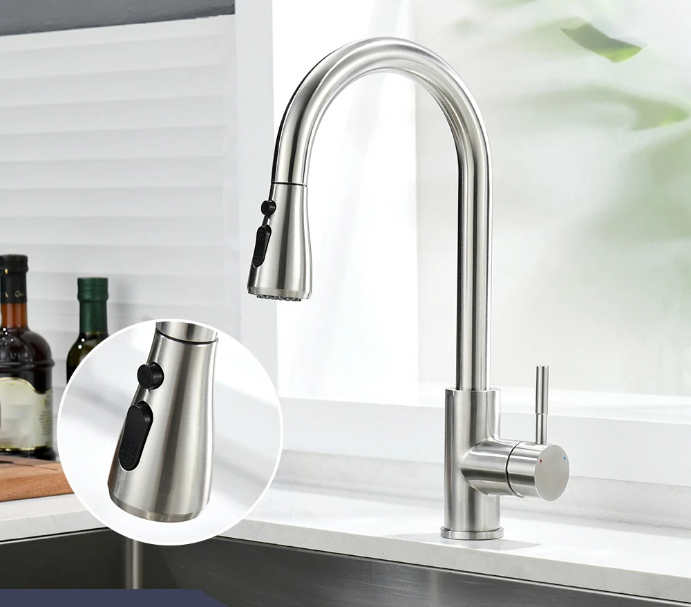 Küchenarmaturen Gebürstet Nickel Ausziehbare Küchenspüle Wasserhahn Deckmontierter Mischbatterie Strahlbrausekopf Heiß Kalt Armaturen Silber