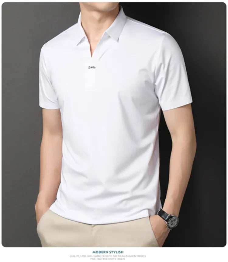 Polo 2024 de haute qualité, extensible et élastique, Chemise à manches courtes pour hommes, style décontracté, Col en V sans coutures, Polo pour hommes M-4XL